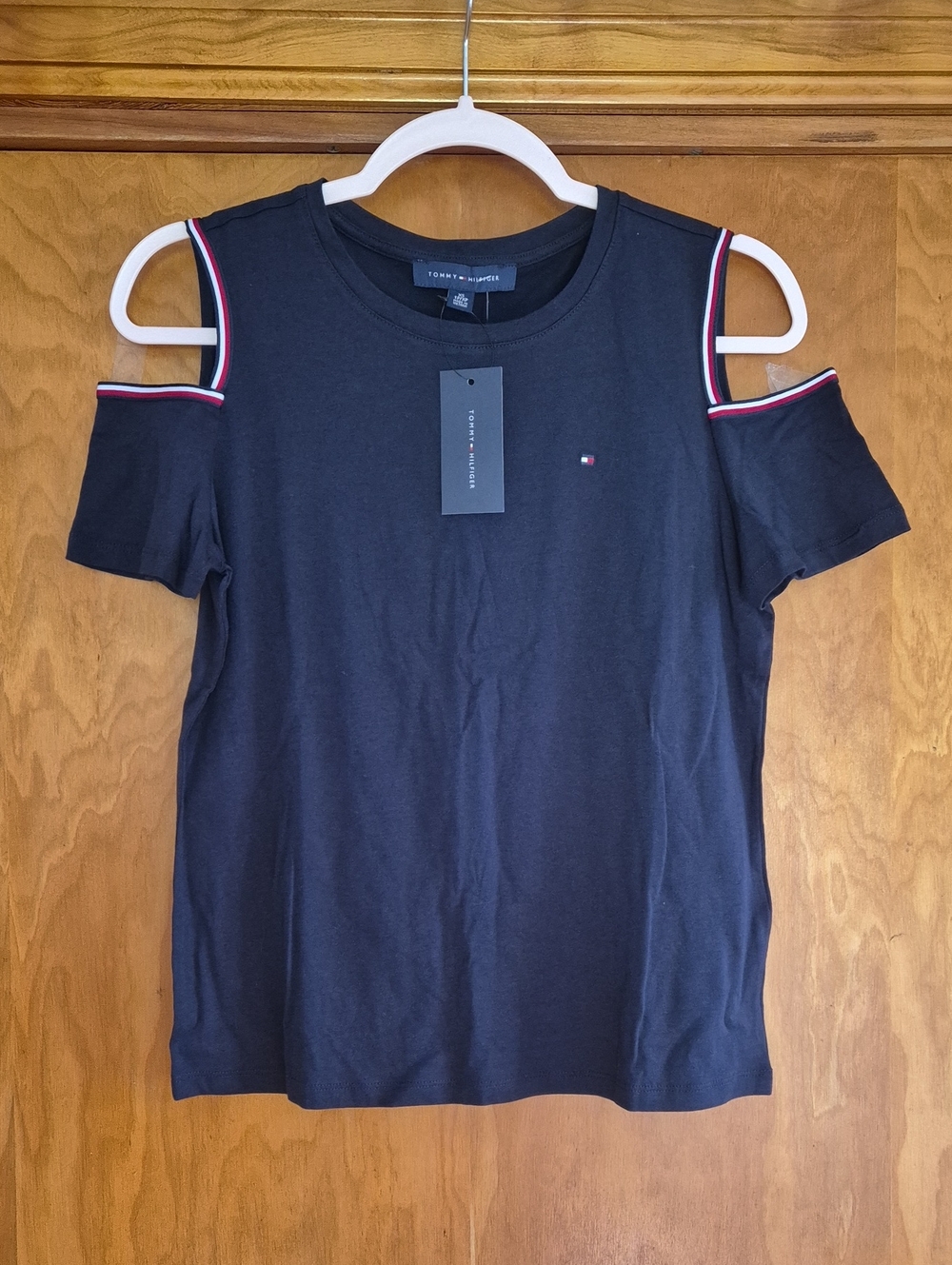 Tommy Hilfiger Dark Blue Cold-Shoulder Tee with Signature Trim, size XS